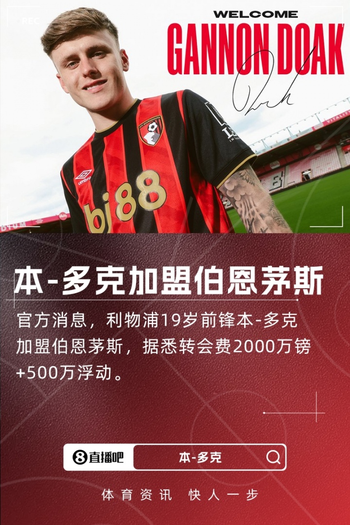 官方：利物浦19岁前锋本多克加盟伯恩茅斯，转会费总价2500万镑